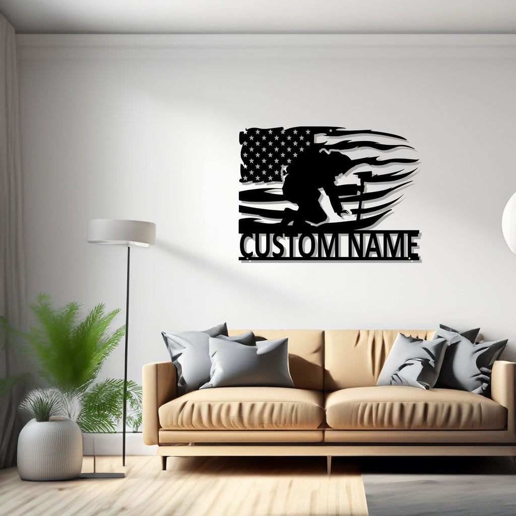 Custom US Firefighter Kneeling Metal Wall Art, Personalized Fireman Name Sign Decoration For Room,Firefighter Metal Decor