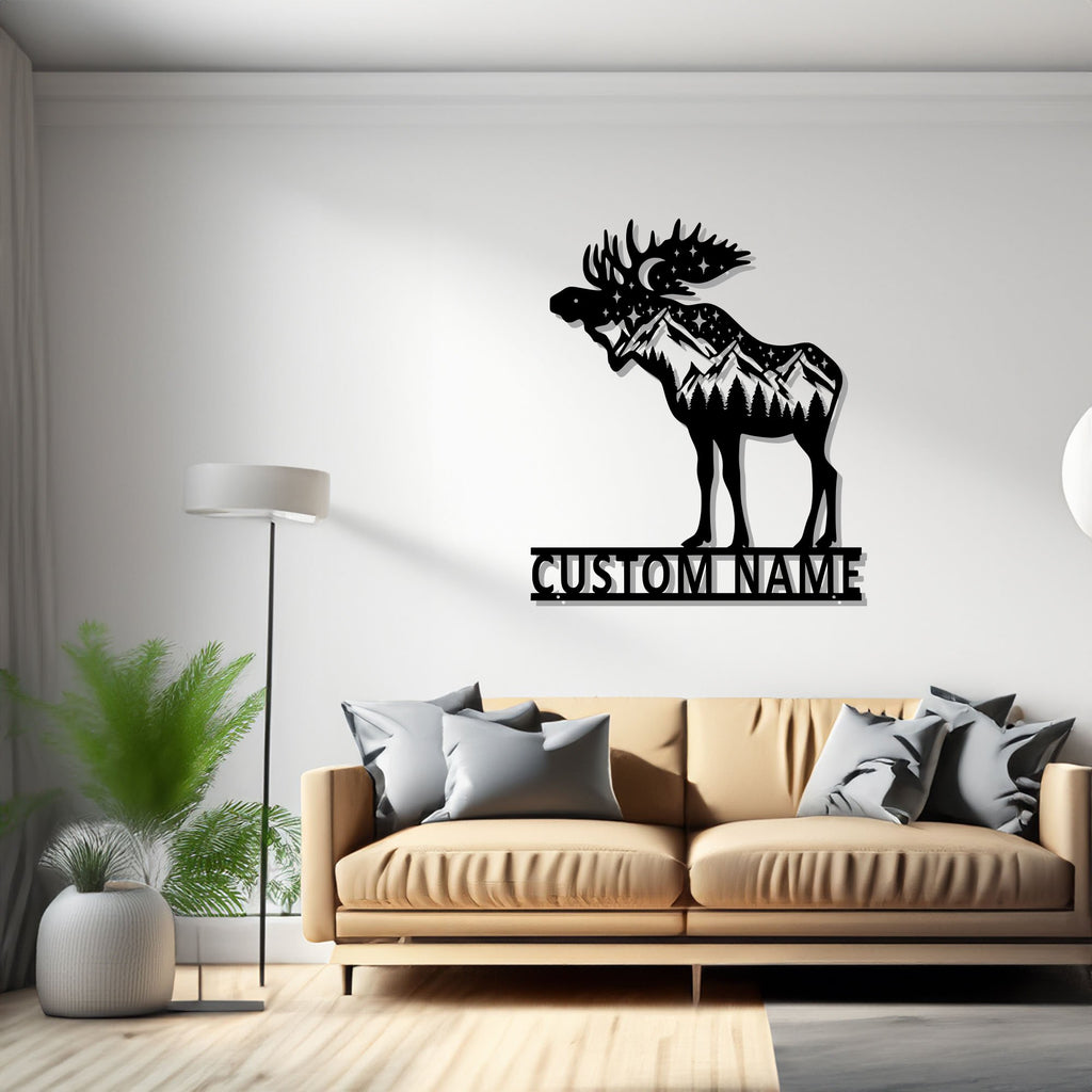 Custom Mountain Moose Metal Wall Art, Personalized Moose Hunter Name Sign Decoration For Room, Mountain Moose Metal Decor