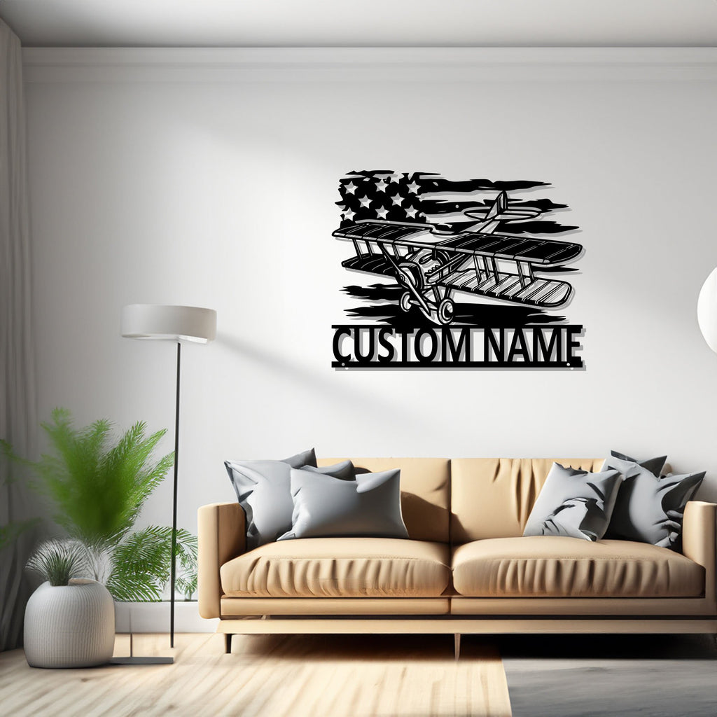 Custom US Biplane Metal Wall Art, Personalized Biplane Pilot Name Sign Decoration For Room, Biplane Metal Decor, Biplane