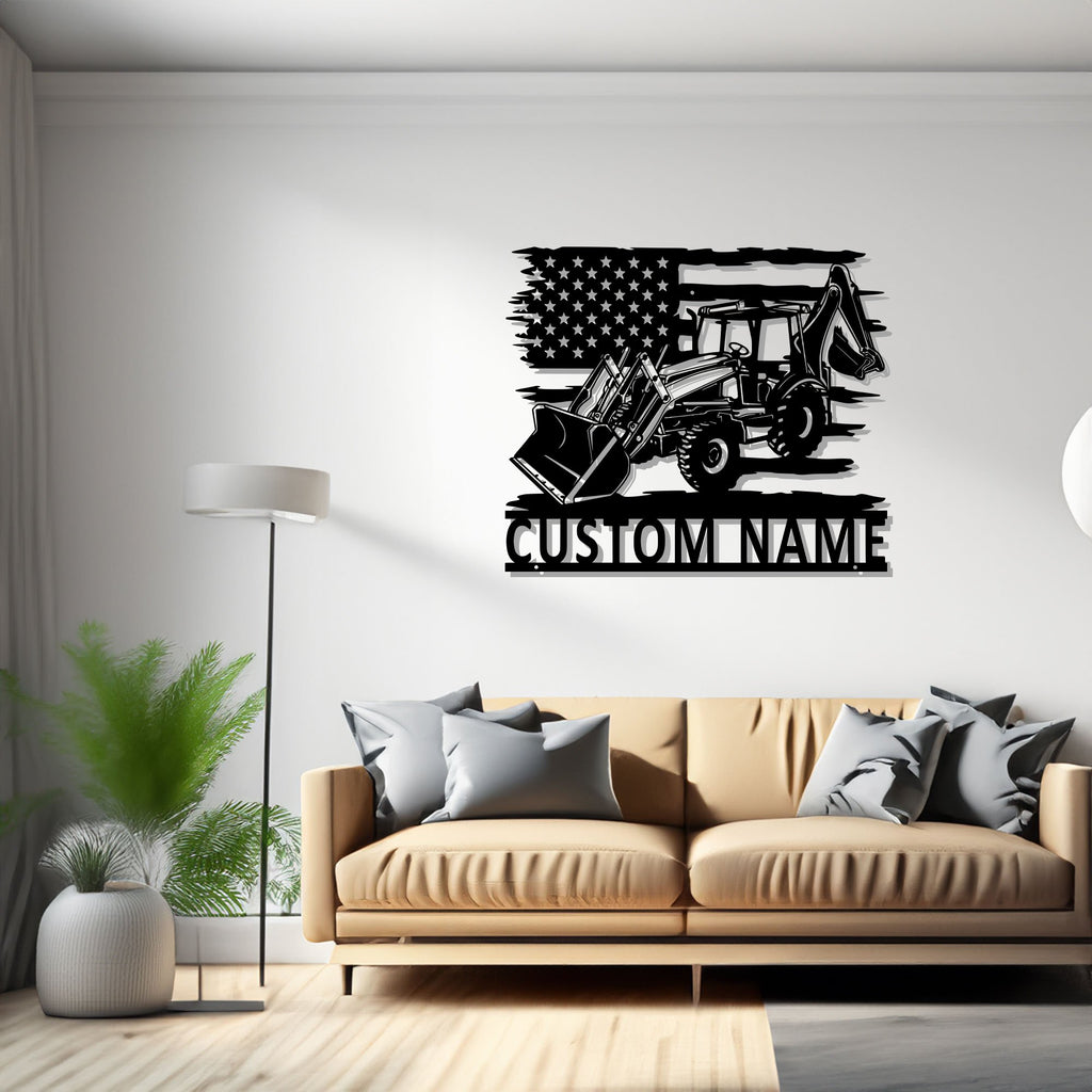 Custom US Backhoe Truck Metal Wall Art Light, Personalized Backhoe Trucker Name Sign Decoration For Room, Backhoe Truck Metal Decor - 1498334570