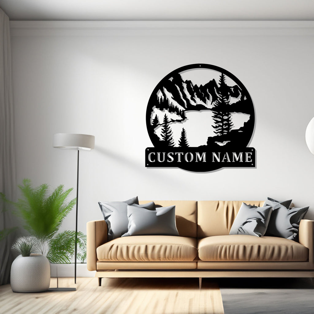 Custom Mountain Lake Metal Wall Art, Personalized Mountain Lake Name Sign Decoration For Room, Mountain Lake Metal Home Decor