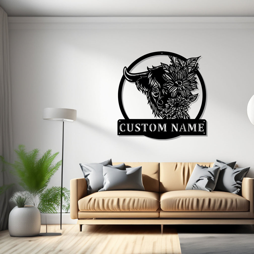 Custom Floral Highland Cow Metal Wall Art, Personalized Highland Cow Name Sign Decoration For Room, Highland Cow Home Decor