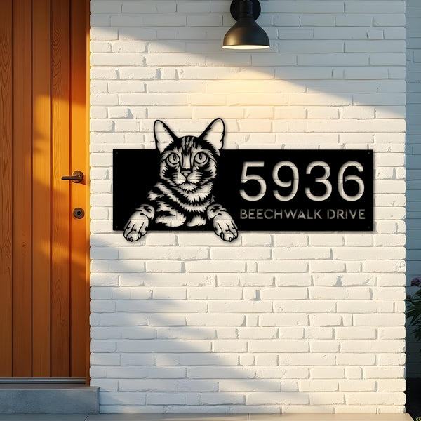 Custom Metal Bengal Cute peeking cat kitten Metal Address Sign, House number, Outdoor Number Signage, Yard Sign Address Plate