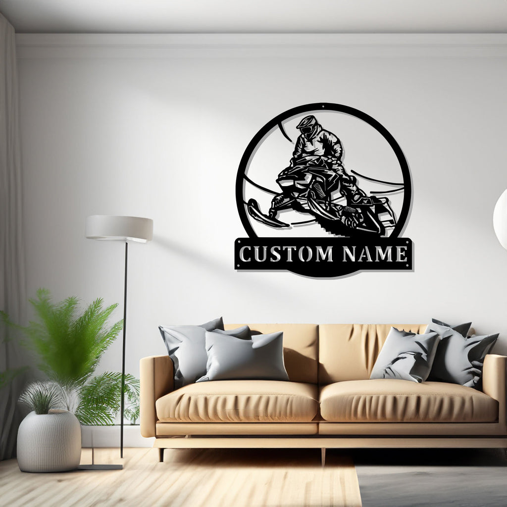 Custom Snowmobile Jump Metal Wall Art, Personalized Snowmobiler Name Sign Decoration For Room, Snowmobile Metal Home Decor - 1243879669