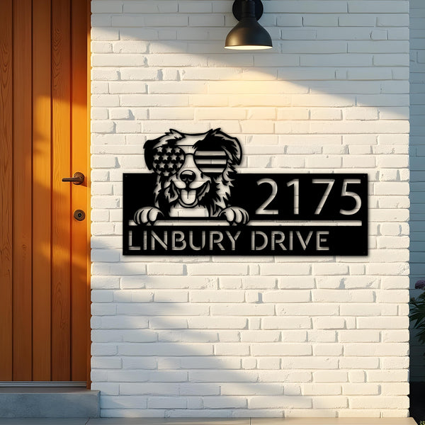 Custom Metal Australian Shepherd dog US glasses Metal Address Sign House number Hanging Address Plaque Yard Sign Outdoor decor