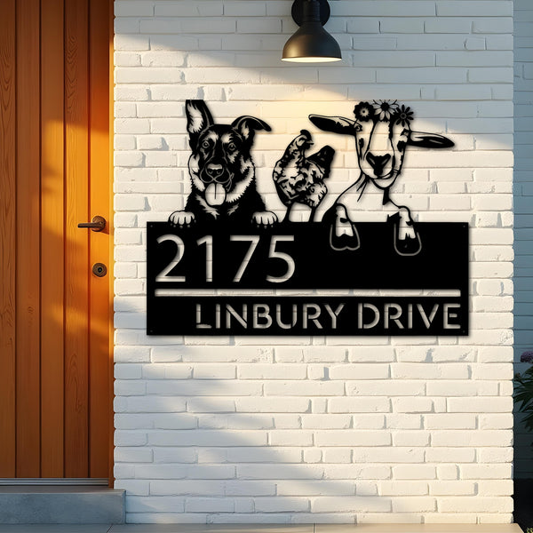 Custom Metal German shepherd chicken and goat Metal Address Sign, House number, Outdoor Number Signage, Yard Sign Address Plate