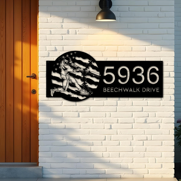 Custom Metal Baseball player distressed US flag Metal Address Sign, House number, Outdoor Number Signage, Yard Sign Address Plate
