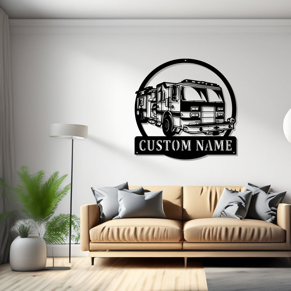 Custom Fire Truck Metal Wall Art, Personalized Fire Trucker Name Sign Decoration For Room, Fire Truck Metal