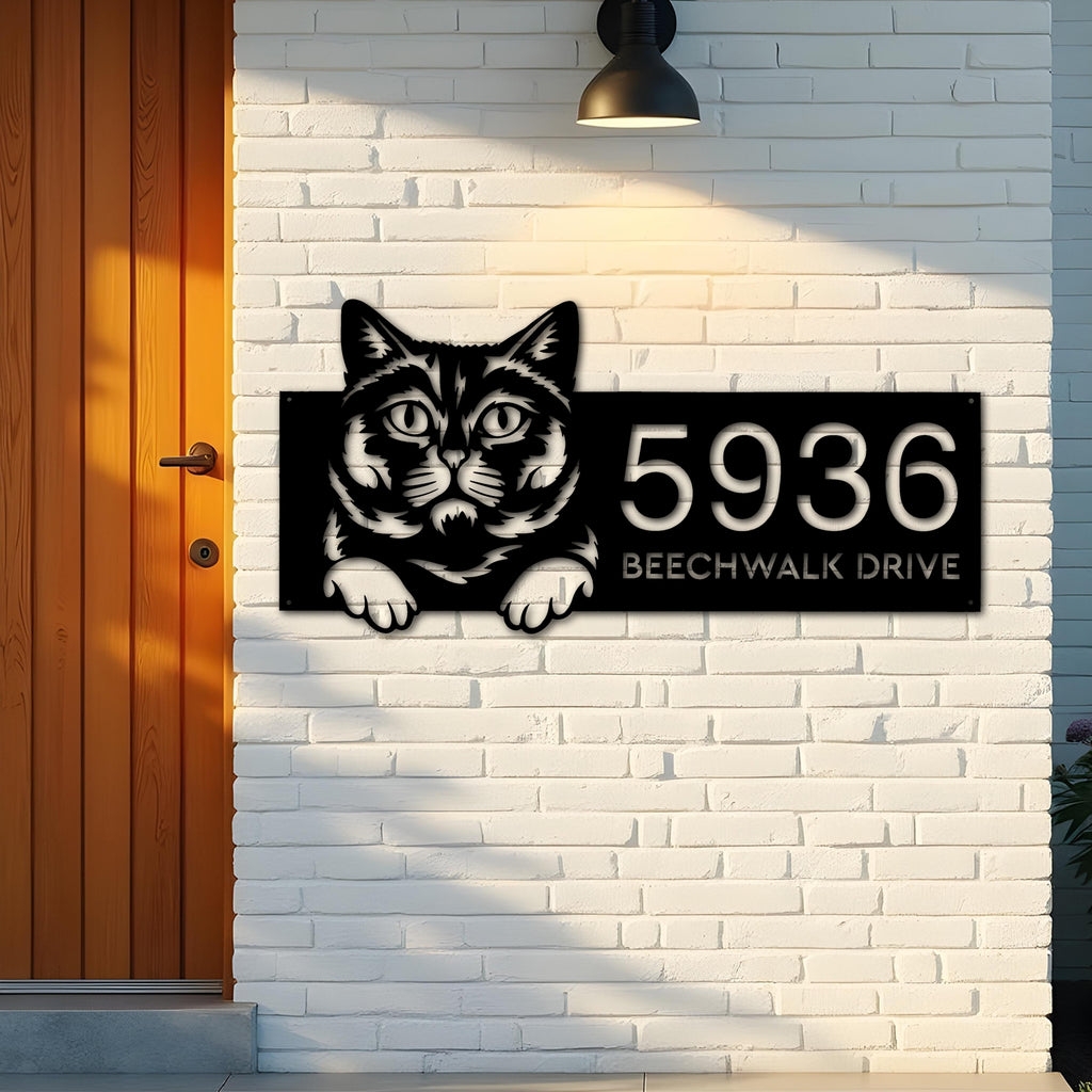 Custom Metal British shorthair Cute peeking cat Metal Address Sign, House number, Outdoor Number Signage, Yard Sign Address Plate