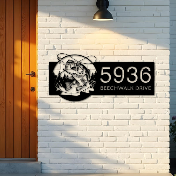 Custom Metal Bass fishing rod bait Metal Address Sign, House number, Outdoor Number Signage, Yard Sign Address Plate