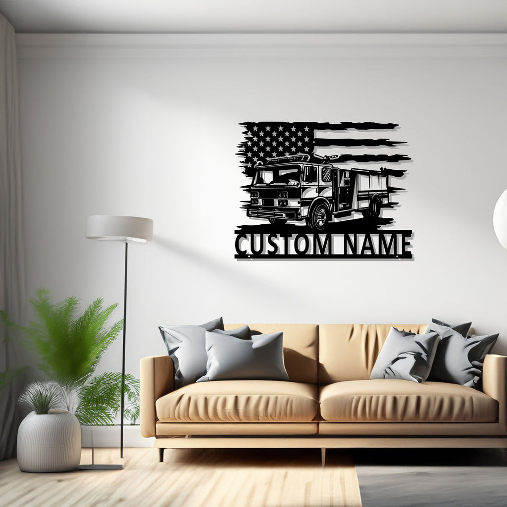 Custom US Fire Truck Metal Wall Art, Personalized Fire Trucker Name Sign Decoration For Room, Us Fire Truck Metal Decor