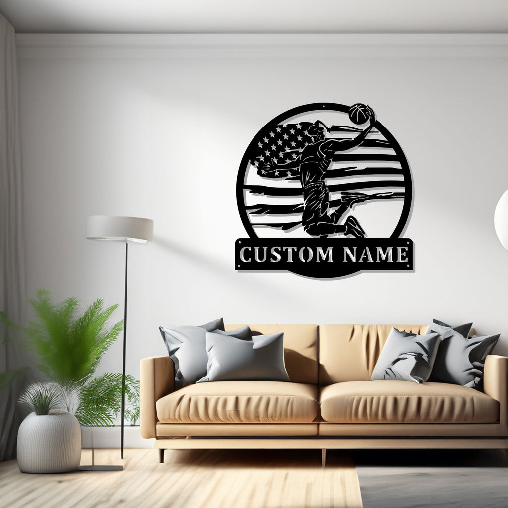 Custom US flag Basketball Player Metal Wall Art, Personalized Basketball Player Name Sign Decoration For Room, Basketball Metal Home Decor