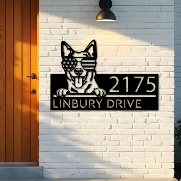 Custom Metal Australian Cattle dog US glasses Metal Address Sign House number Hanging Address Plaque Yard Sign Outdoor decor