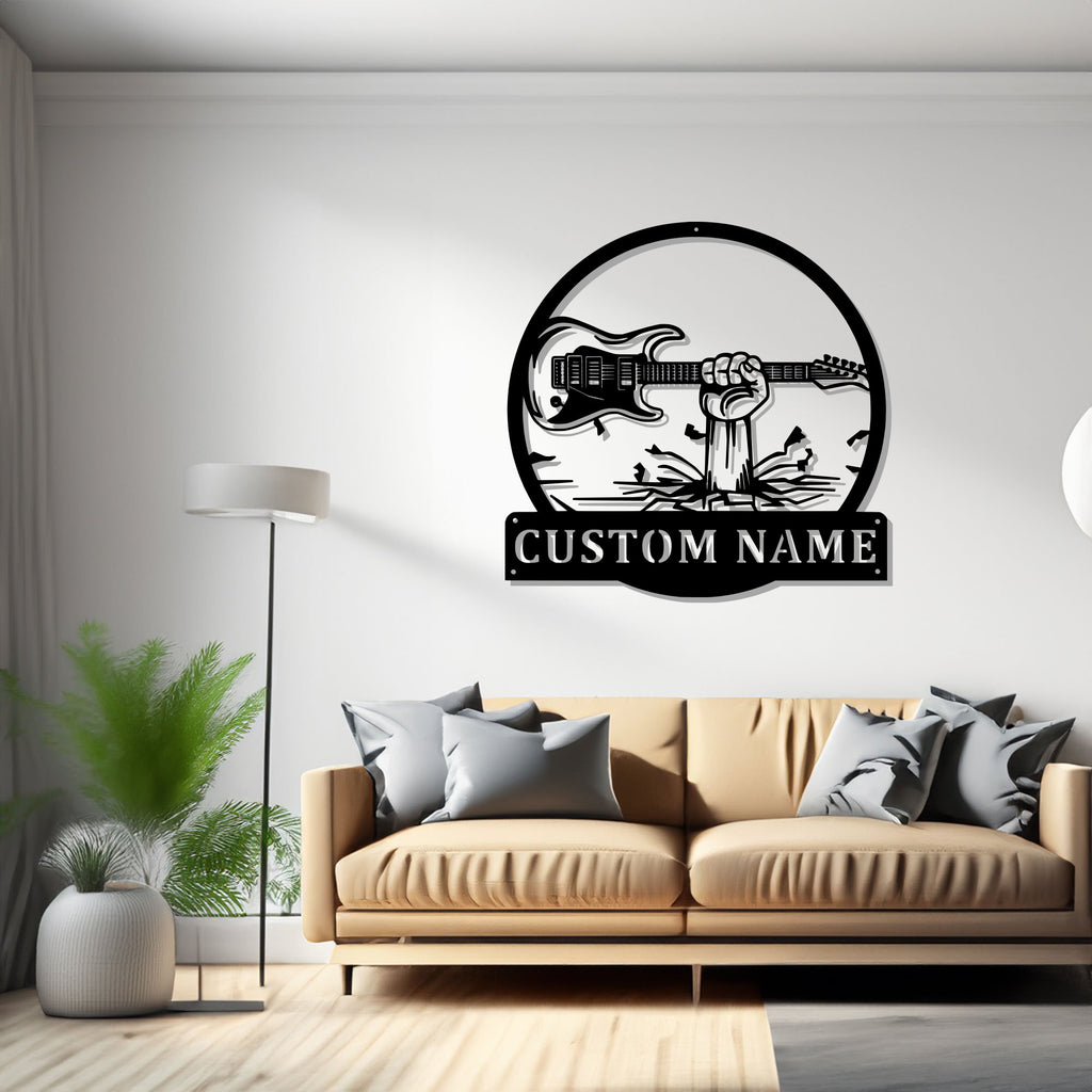 Custom Hand Holding Electric Guitar Metal Wall Art,Personalized Electric Guitar Name Sign Decoration For Room,Electric Guitar