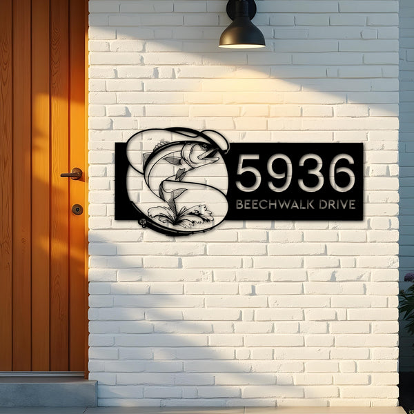 Custom Metal Bluefish fishing rod bait hook Metal Address Sign, House number, Outdoor Number Signage, Yard Sign Address Plate