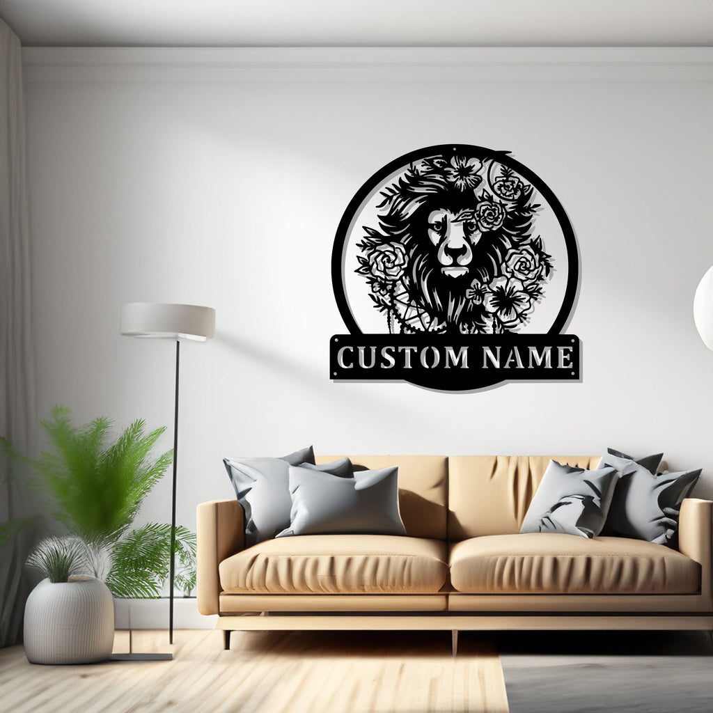 Custom Lion Floral Metal Wall Art, Personalized Lion Name Sign Decoration For Room, Lion Metal Home Decor, Custom Lion, Lion Floral Decor