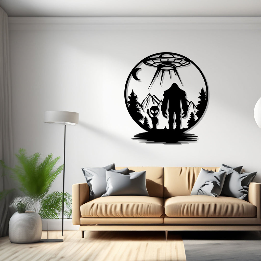 Bigfoot And Alien Under The Moon Metal Wall Art, Bigfoot UFO Sign Decoration For Room, Bigfoot Metal