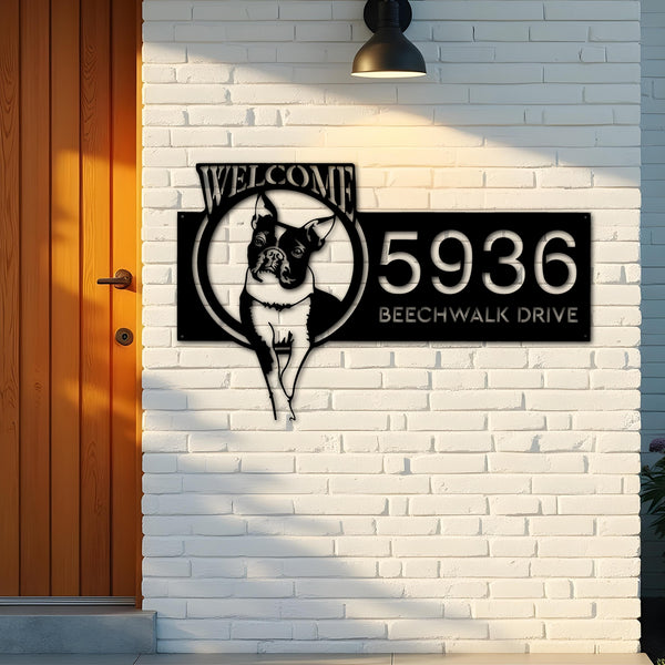 Custom Metal Boston Terrier dog welcome Metal Address Sign, House number, Outdoor Number Signage, Yard Sign Address Plate