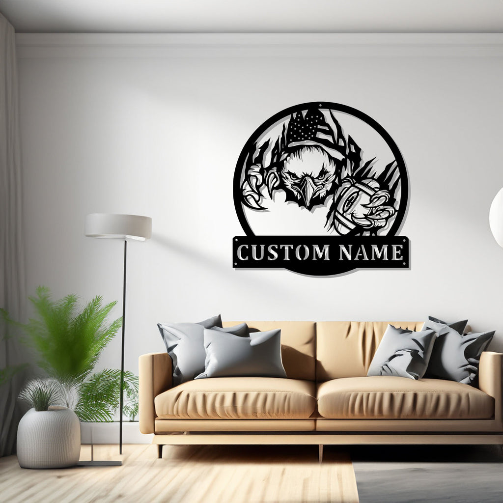 Custom US Eagle Football Metal Wall Art, Personalized Football Player Name Sign Decoration For Room, Football Metal Decor