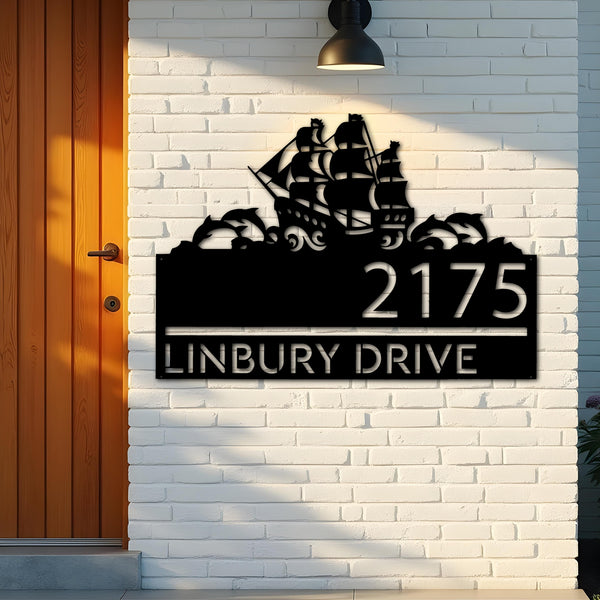 Custom Metal Boat with dolphins Metal Address Sign, House number, Outdoor Number Signage, Yard Sign Address Plate
