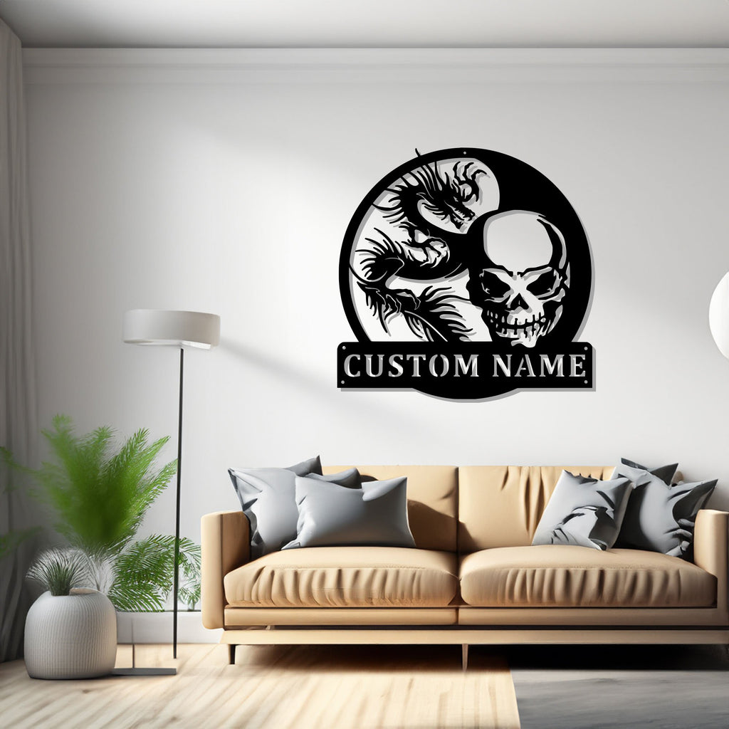 Custom Skull And Dragon Metal Wall Art, Personalized Skull And Dragon Name Sign Decoration For Room, Skull Dragon Home Decor