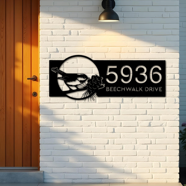 Custom Metal Bird with pinecone Metal Address Sign, House number, Outdoor Number Signage, Yard Sign Address Plate