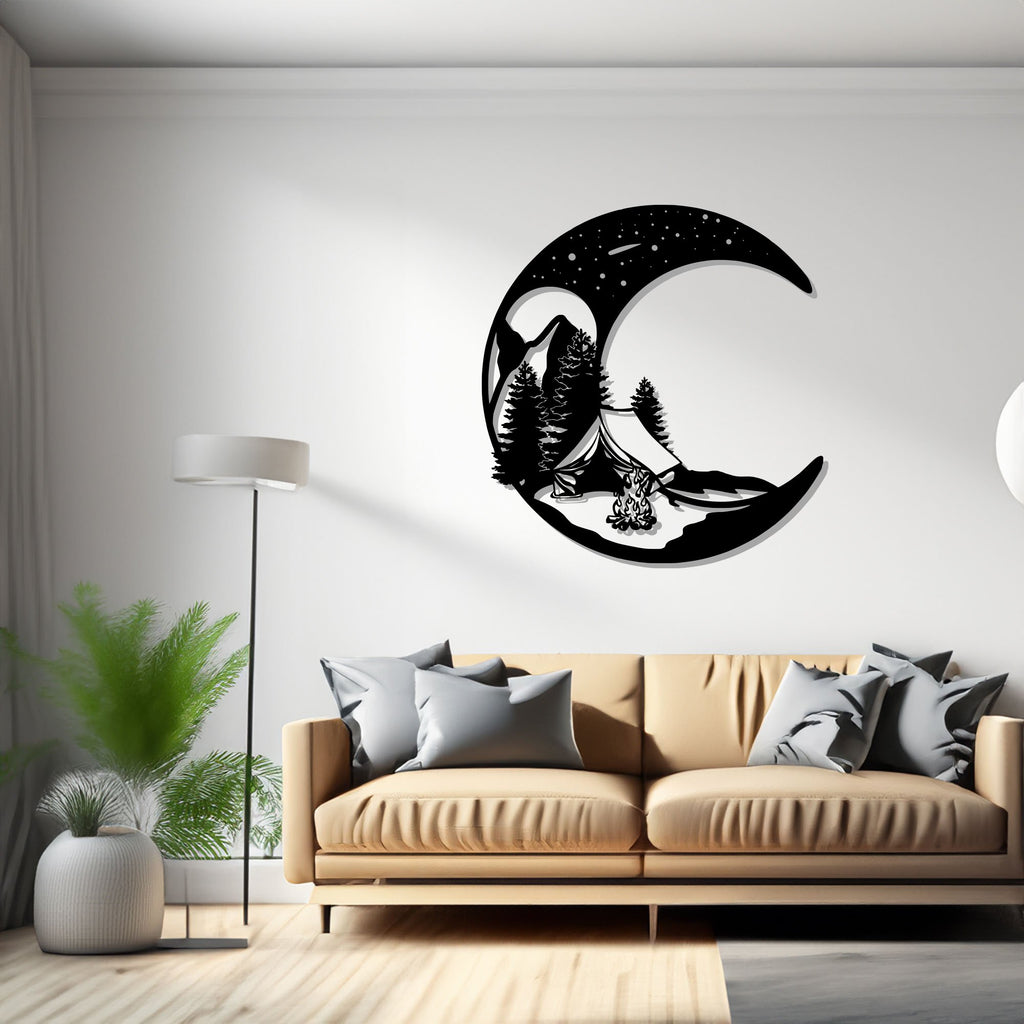 Crescent Moon Camping Metal Wall Art, Crescent Moon Camping Sign Decoration For Room, Crescent Moon Camping