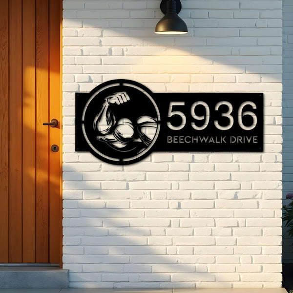 Custom Metal Bicep Muscle Gym bodybuilding Metal Address Sign, House number, Outdoor Number Signage, Yard Sign Address Plate