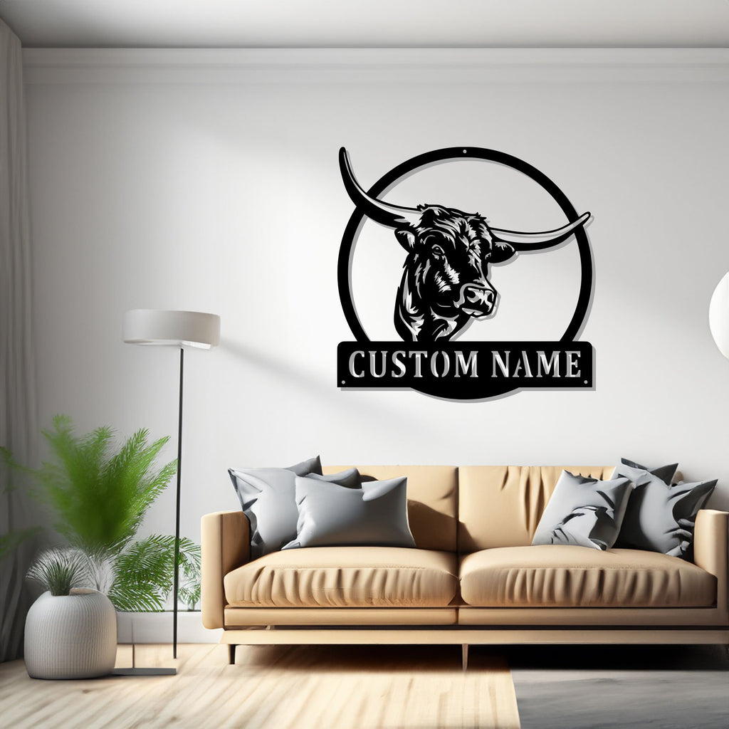 Custom Longhorn Head Metal Wall Art, Personalized Longhorn Name Sign Decoration For Room, Longhorn Metal, Longhorn
