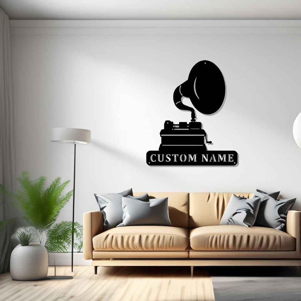 Custom Phonograph Record Metal Wall Art, Personalized Record Player Name Sign Decoration For Room, Gramophone Metal Decor - 1490047148