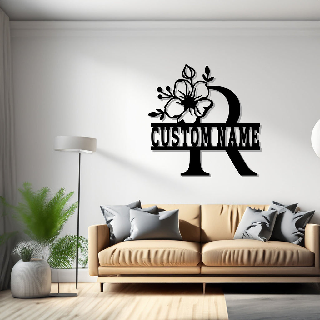 Custom Floral Alphabet R Metal Wall Art, Personalized Alphabet Family Name Sign Decoration For Room,Last Name Metal