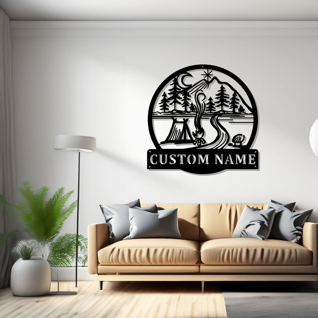 Custom Circle Camp Scene Metal Wall Art, Personalized Camper Name Sign Decoration For Room, Camping Home Decor, Custom Camping