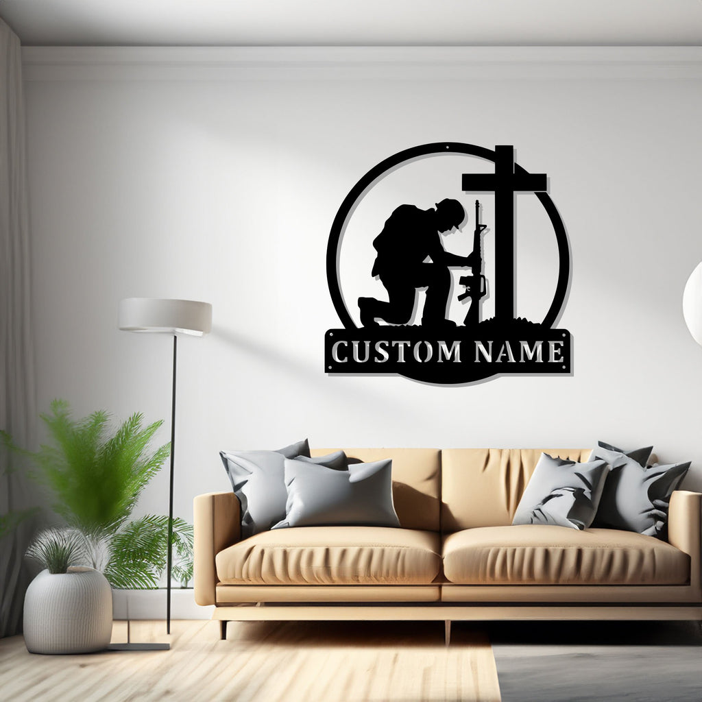 Custom Soldier Kneeling Praying Metal Wall Art, Personalized Soldier Name Sign Decoration For Room, Soldier Metal Home Decor