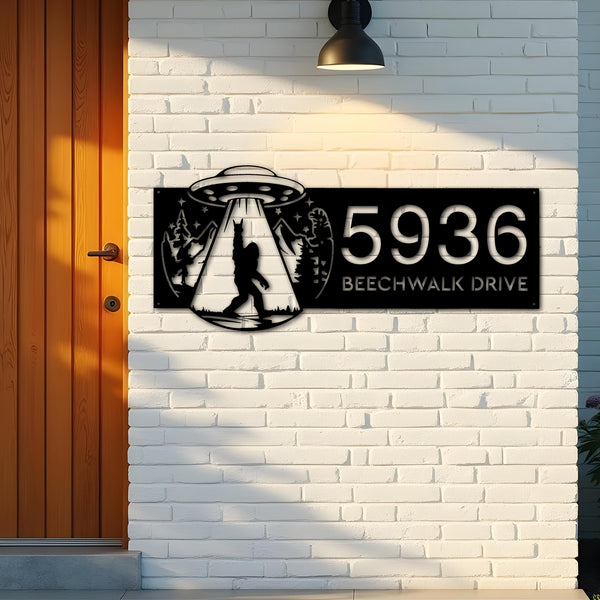 Custom Metal Bigfoot Sasquatch UFO Metal Address Sign, House number, Outdoor Number Signage, Yard Sign Address Plate