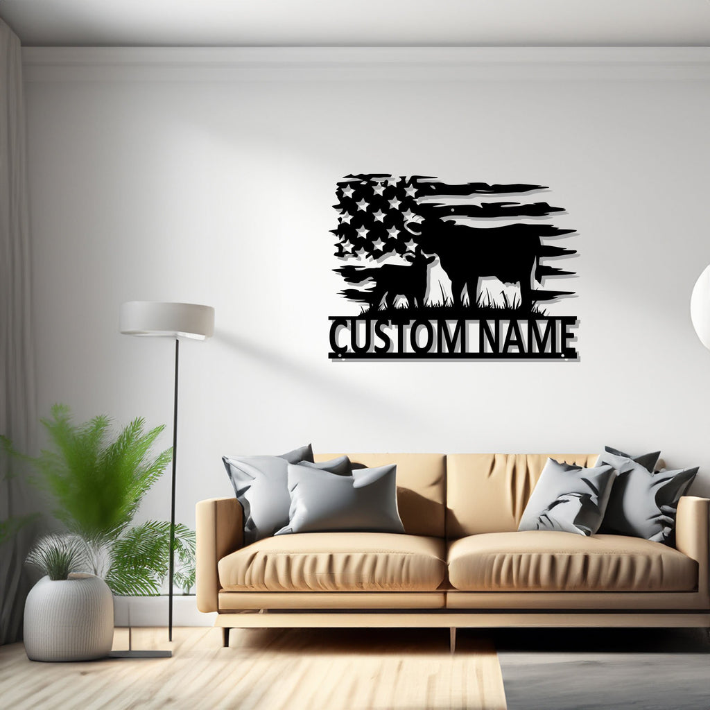 Custom US Cow Farm Metal Wall Art, Personalized Cow Farm Name Sign Decoration For Living Room, Cow Farming Metal Decor