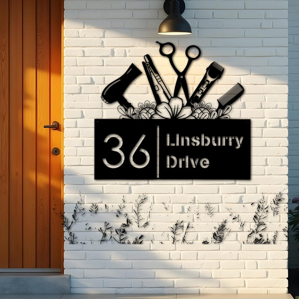Custom Metal Hair Stylist Hair dresser salon Metal Address Sign, House number, Outdoor Number Signage, Yard Sign Address Plate