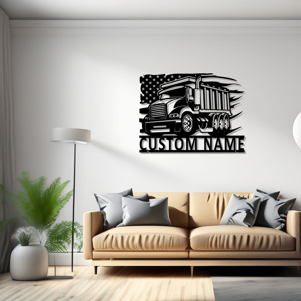 Custom US Dump Truck Metal Wall Art, Personalized Dump Trucker Name Sign Decoration For Room, Us Dump Truck Metal Decor