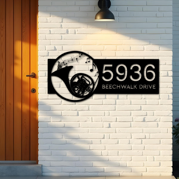 Custom Metal French horn musical instrument Metal Address Sign Custom House number Hanging Address Plaque Yard Sign Outdoor