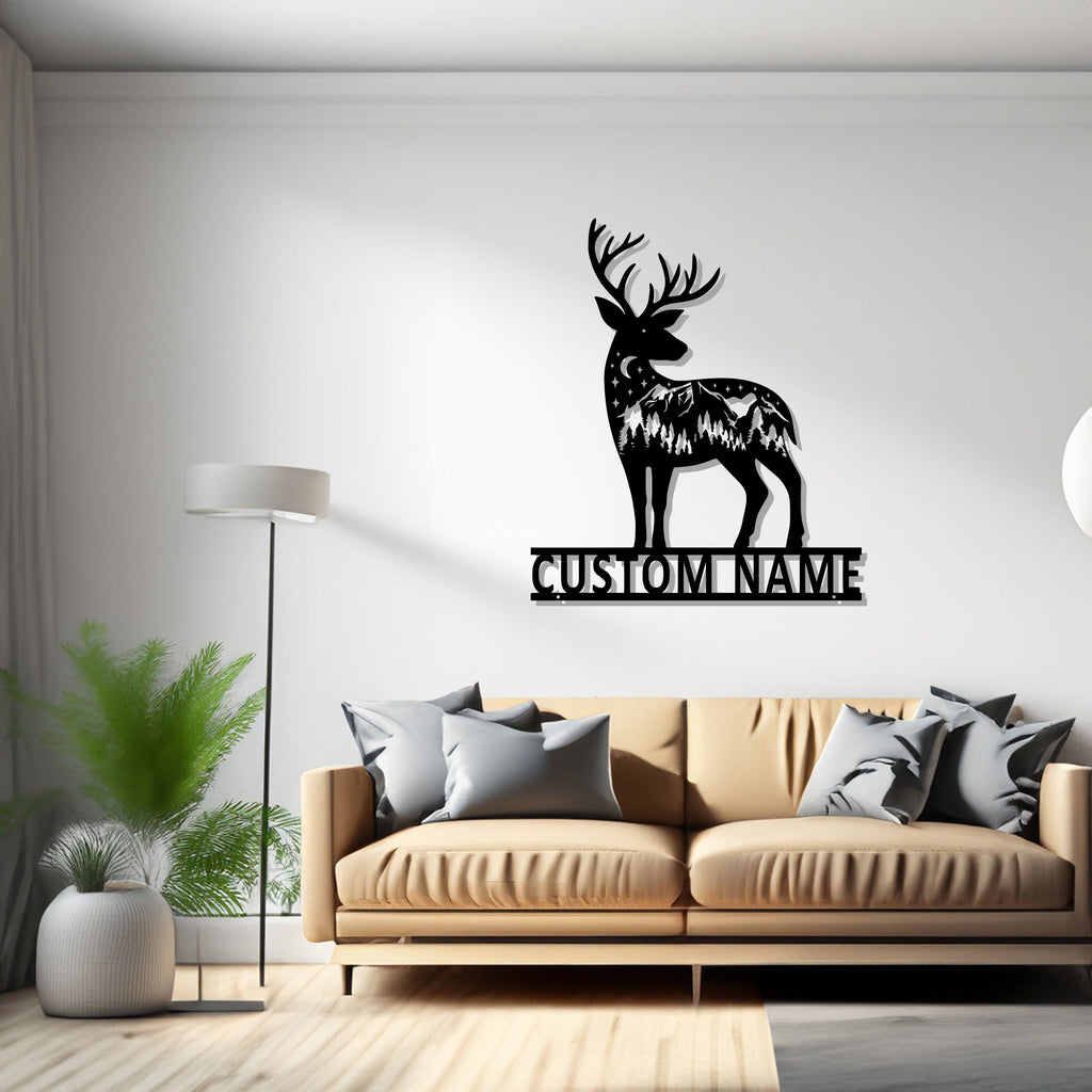 Custom Mountain Deer Metal Wall Art, Personalized Deer Hunter Name Sign Decoration For Room, Mountain Deer Metal Decor