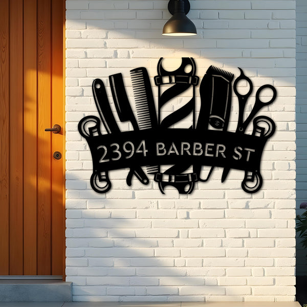 Custom Metal Barbershop Hair Stylist Barber Metal Address Sign, House number, Outdoor Number Signage, Yard Sign Address Plate