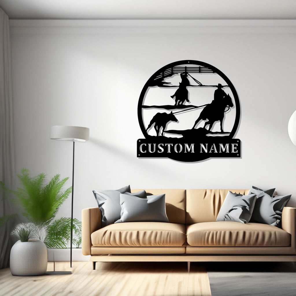 Custom Team Roper Cowboy Horse Metal Wall Art, Personalized Team Roper Name Sign Decoration For Room, Team Ropers Home Decor