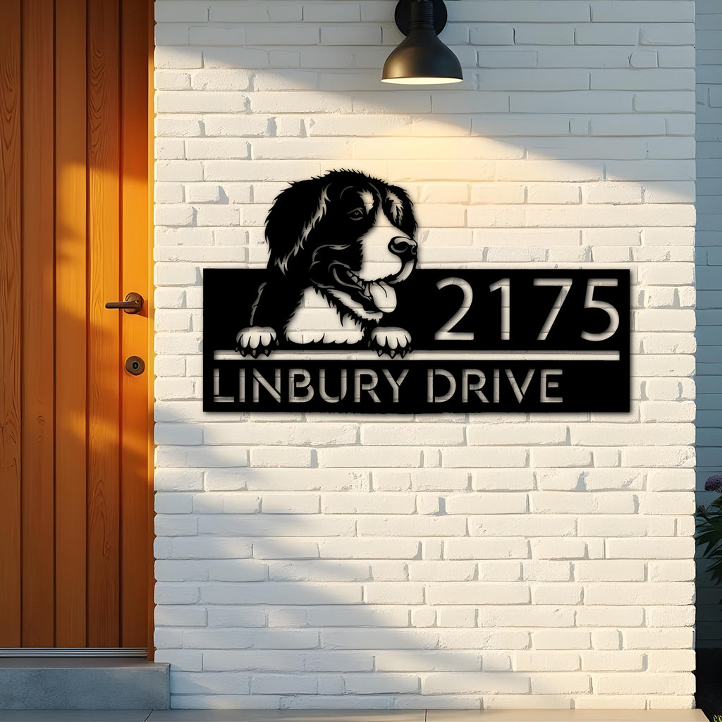 Custom Metal Big mountain dog Puppy Metal Address Sign House number Hanging Address Plaque Yard Sign Outdoor decor