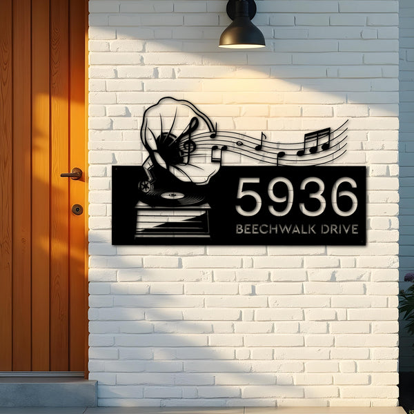 Custom Metal Gramophone retro record music Metal Address Sign Custom House number Hanging Address Plaque Yard Sign Outdoor