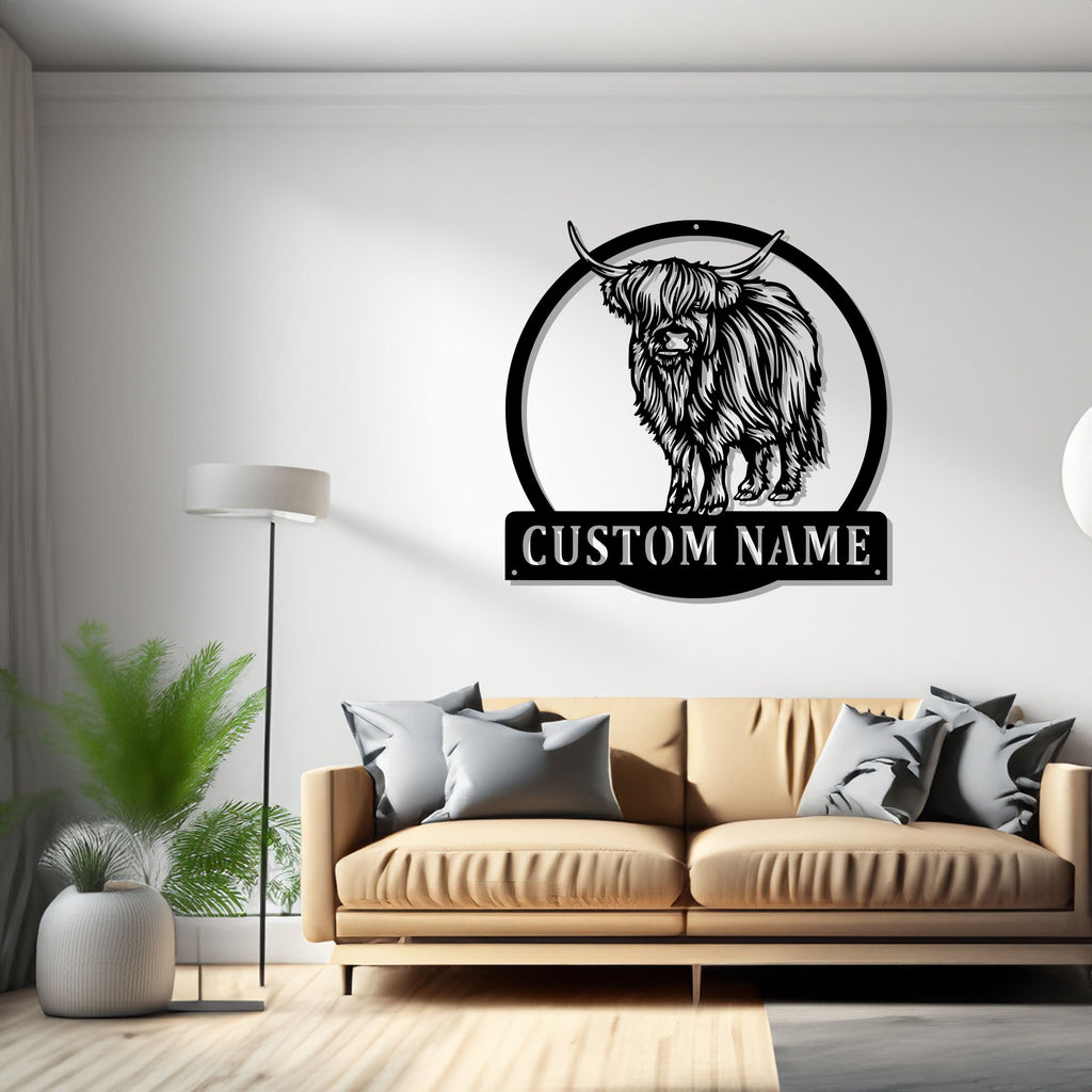 Custom Highland Cow Metal Wall Art, Personalized Highland Cow Farm Name Sign Decoration For Room,Highland Cow Metal - 1504157406