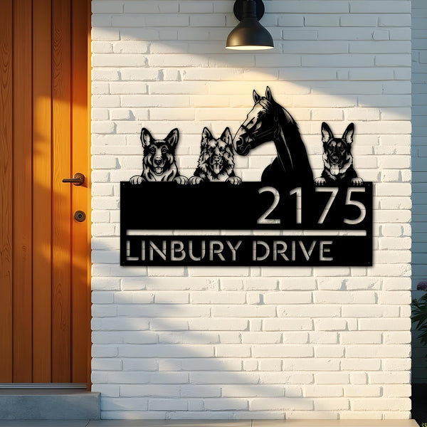 Custom Metal German shepherd Dogs and horse Metal Address Sign House number Hanging Address Plaque Yard Sign Outdoor decor