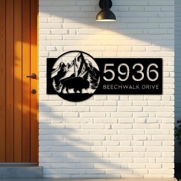 Custom Metal Bison buffalo on mountain Metal Address Sign, House number, Outdoor Number Signage, Yard Sign Address Plate