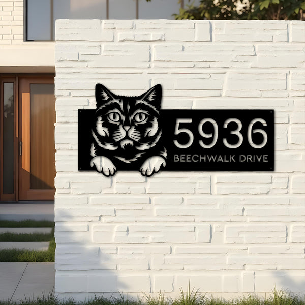 Custom Metal British shorthair Cute peeking cat Metal Address Sign, House number, Outdoor Number Signage, Yard Sign Address Plate