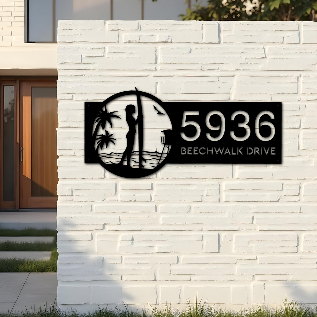 Custom Metal Longboard Female Surfer Metal Address Sign, House number, Outdoor Number Signage, Yard Sign Address Plate