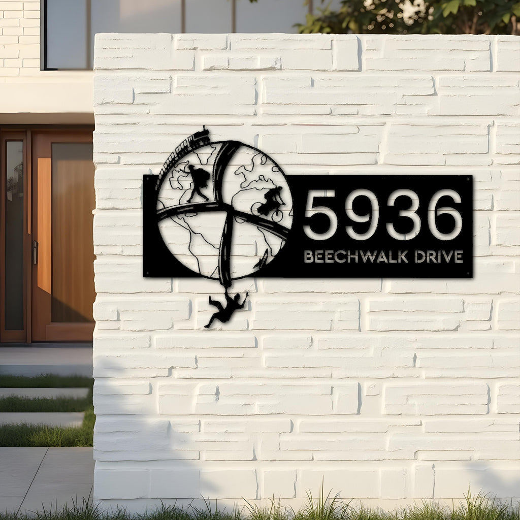 Custom Metal World traveling adventure Address Sign House number Hanging Address Plaque Yard Sign Outdoor Sign