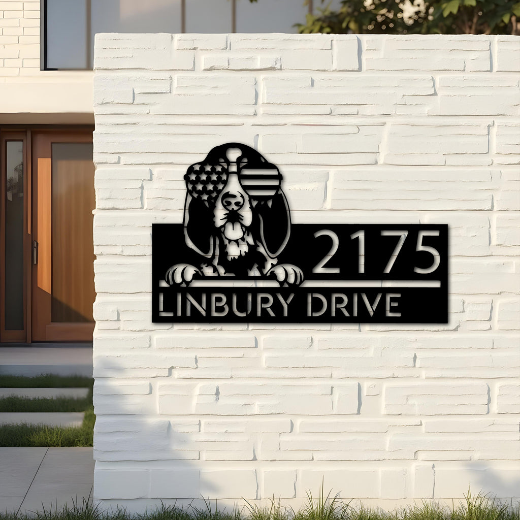 Custom Metal Bluetick coonhound dog US glasses Metal Address Sign House number Hanging Address Plaque Yard Sign Outdoor decor